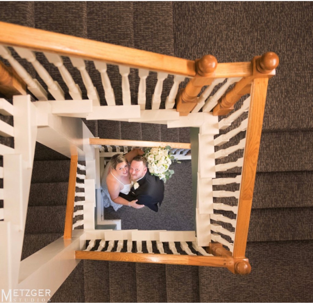 view image of a couple looking up a spiraling staircase in a new tab